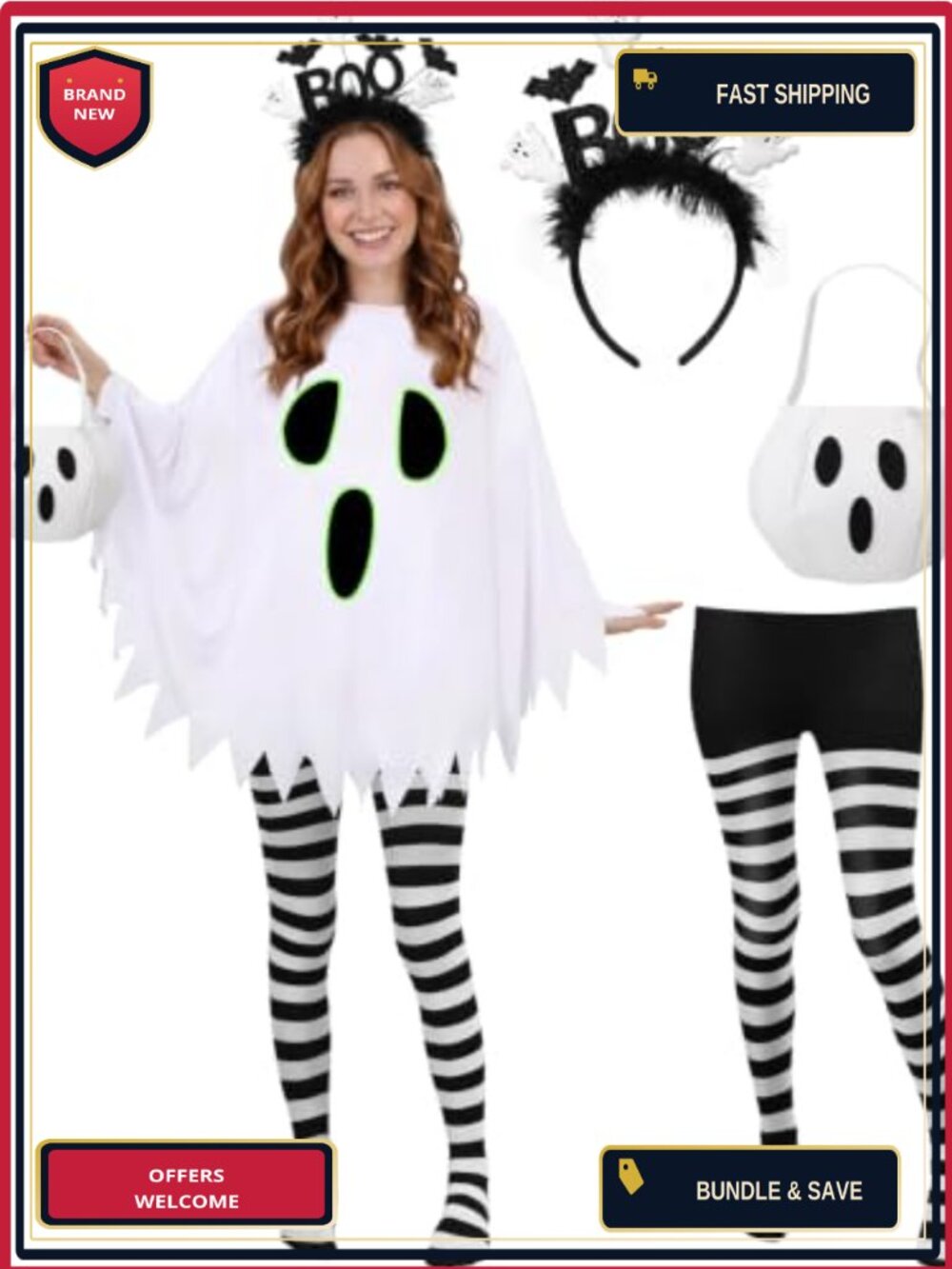 Women Ghost Costume Set Glow in Dark Poncho Tights Headband Halloween